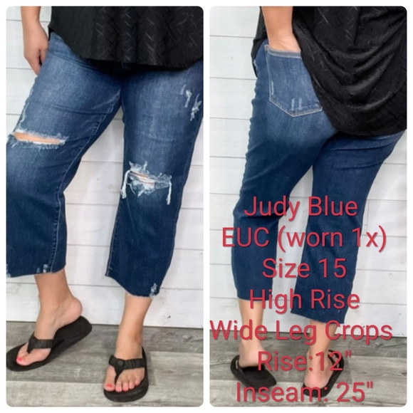 Judy Blue EUC (worn once) High Rise Distressed Wide Leg Crops size 15 - Picture 4 of 5